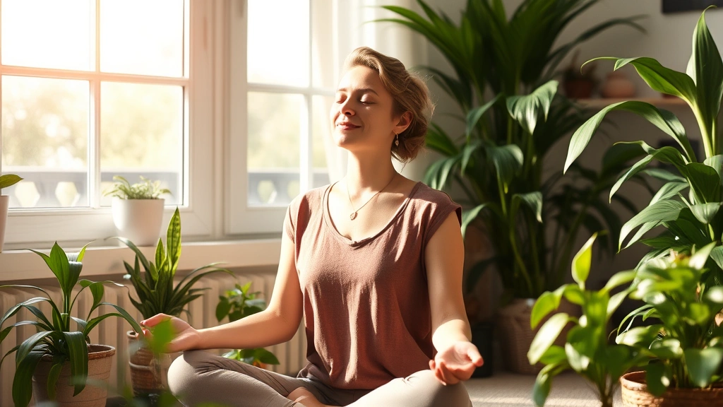 Woman sitting peacefully in sunlit room with plants, eyes closed meditating, wearing comfortable clothing, serene facial expression, natural light streaming through window