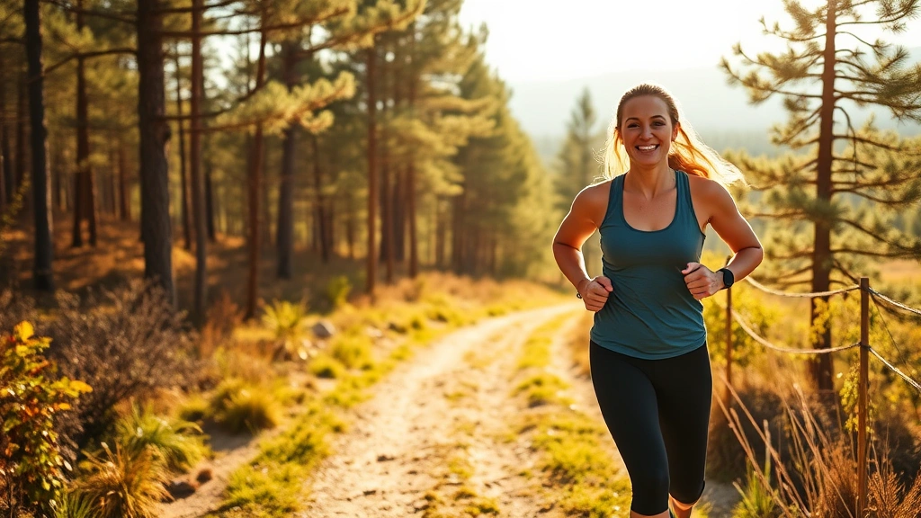Person jogging outdoors on sunny trail surrounded by trees, athletic wear, smiling confidently, natural landscape background, morning or afternoon light
