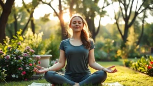 Woman meditating in serene garden with morning sunlight filtering through trees, wearing comfortable athleisure, peaceful expression, natural surroundings with flowers and greenery