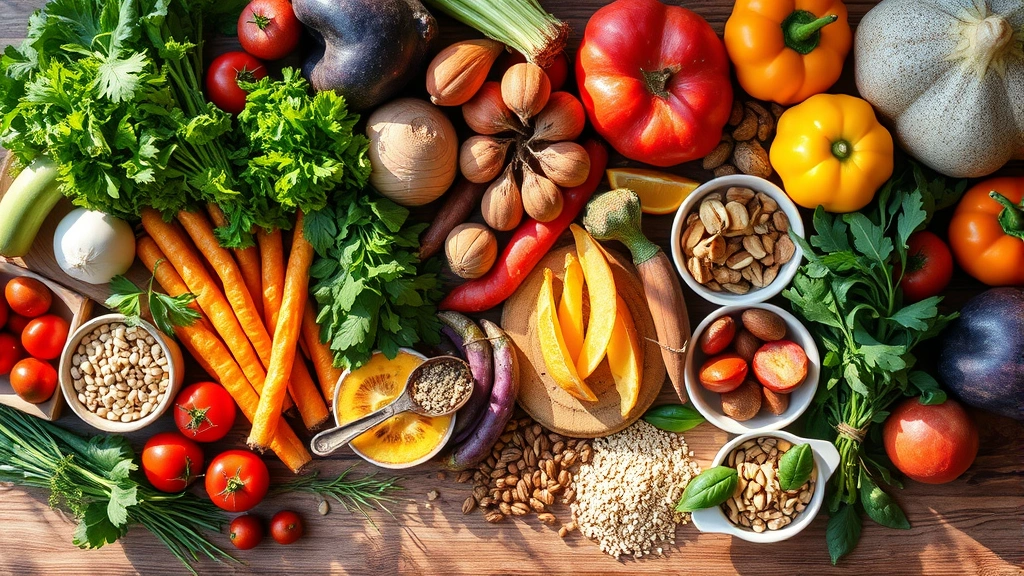 Overhead shot of colorful whole foods on wooden table including fresh vegetables, fruits, nuts, grains, herbs, natural daylight streaming across, vibrant and appetizing arrangement