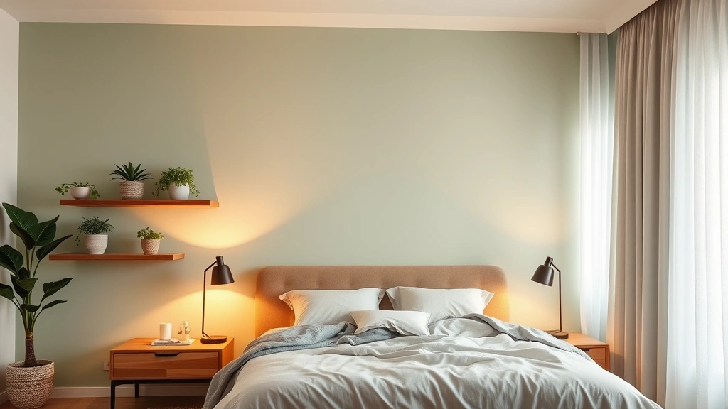 Modern minimalist bedroom with soft sage green accent wall, warm dimmable lighting from elegant bedside lamps, natural wood furniture, potted plants on floating shelves, blackout curtains partially open showing morning light, luxurious organic cotton bedding, serene and calming atmosphere