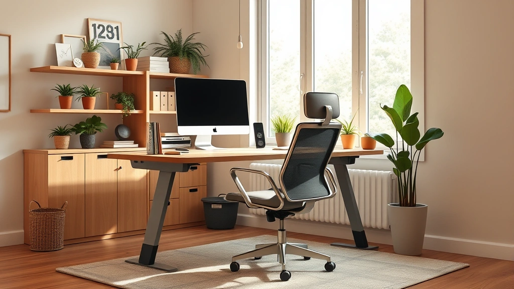 Bright home office with ergonomic wooden desk, sculptural contemporary task chair with lumbar support, large window with natural light, monitor at eye level, potted green plants on shelves, warm neutral walls, soft area rug, organized minimalist decor creating focused productive space