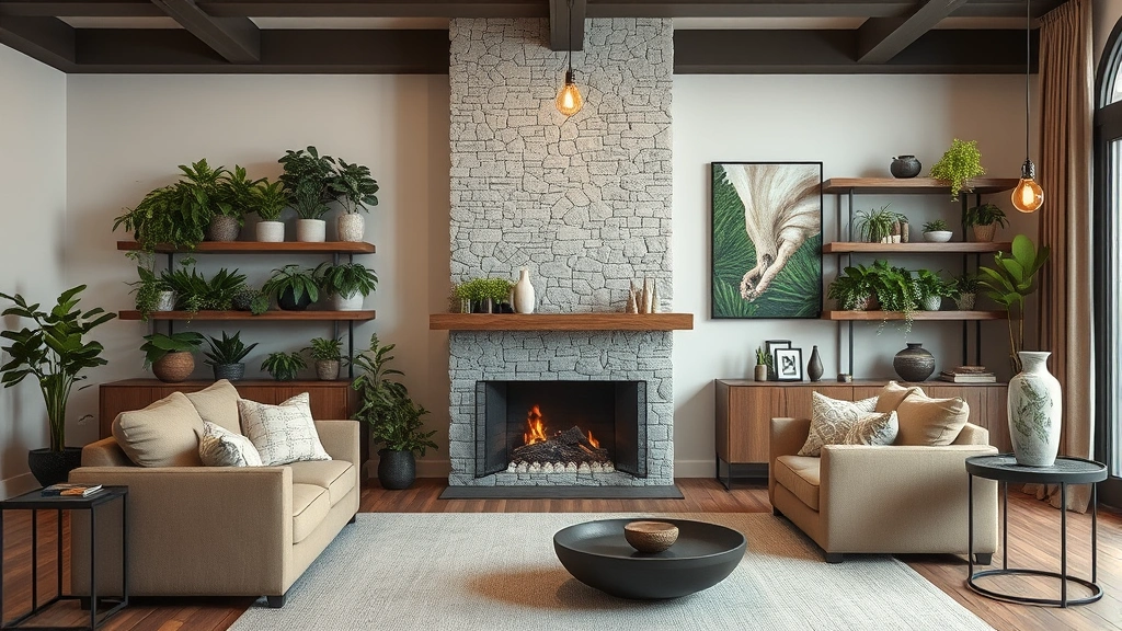 Contemporary living room featuring layered biophilic design with living plant wall, natural stone fireplace accent, wooden floating shelves, warm Edison bulb lighting fixtures, linen upholstered sofa in warm taupe, large nature photography, water fountain on side table, calm sophisticated aesthetic