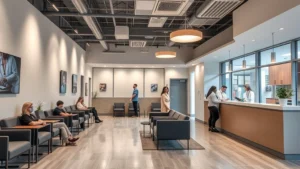 Modern medical clinic waiting room in Beckley West Virginia with warm lighting, comfortable seating, and diverse patients checking in at reception desk, contemporary healthcare environment