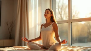 Woman meditating peacefully in morning sunlight near large window, serene minimalist bedroom, warm golden light, calm expression, wellness lifestyle, photorealistic