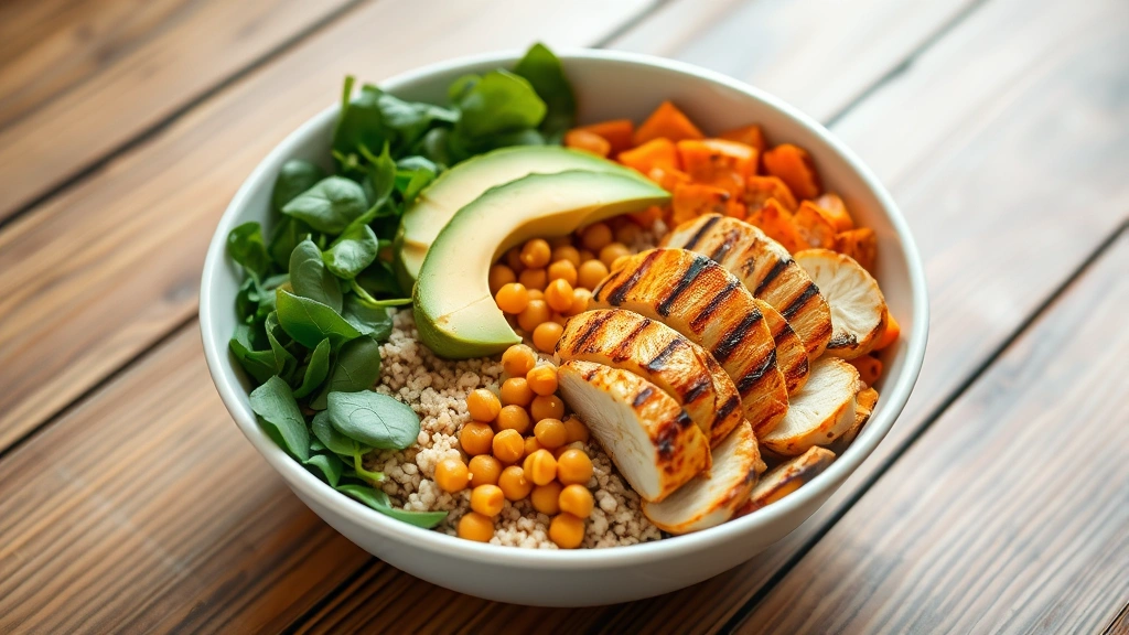 Colorful healthy Buddha bowl with quinoa, roasted sweet potatoes, chickpeas, fresh spinach, avocado, grilled chicken breast, wooden table, natural daylight, appetizing