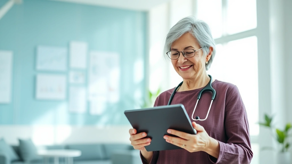 Woman in her 50s reviewing health data on tablet in bright, modern medical office with natural light, smiling with confidence and relief