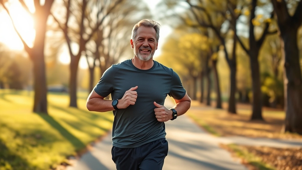 Middle-aged man jogging outdoors in morning sunlight through tree-lined park path, wearing fitness tracker, healthy and energetic expression