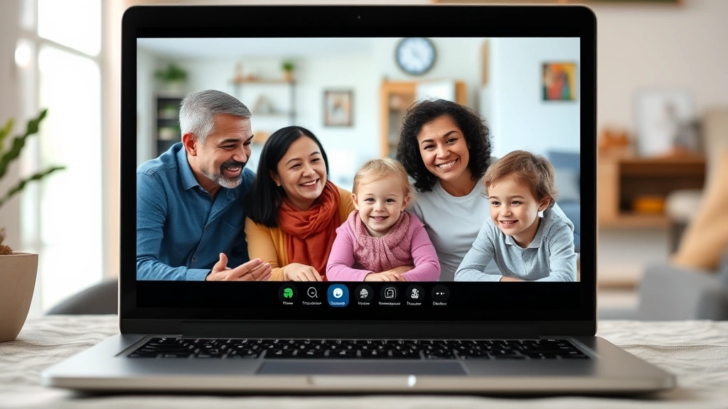 Diverse family group during video consultation on laptop screen, three generations visible, warm and supportive interaction in home setting