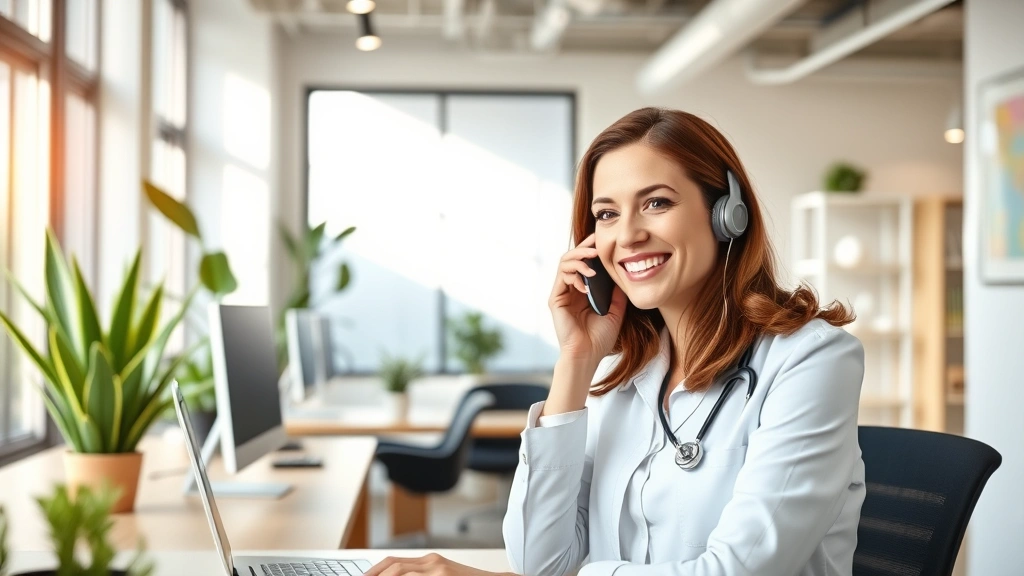 Professional woman in modern healthcare office smiling while speaking on phone, bright natural lighting, contemporary workspace with plants, warm professional atmosphere