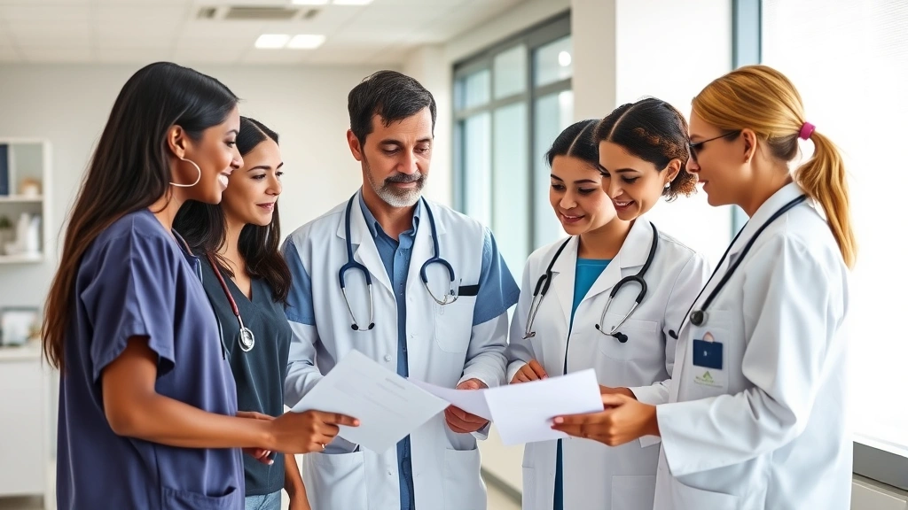 Diverse group of healthcare professionals in clinical setting collaborating around patient information, modern medical office, welcoming environment with soft lighting