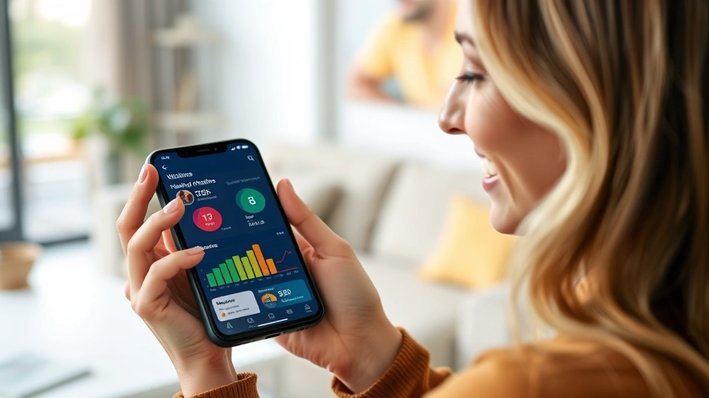 Woman smiling at smartphone displaying health data dashboard with colorful wellness metrics, modern living room background, natural lighting, professional lifestyle photography