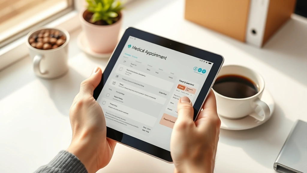 Close-up of hands holding tablet showing medical appointment calendar and lab results interface, minimalist desk setup with coffee cup, warm afternoon sunlight