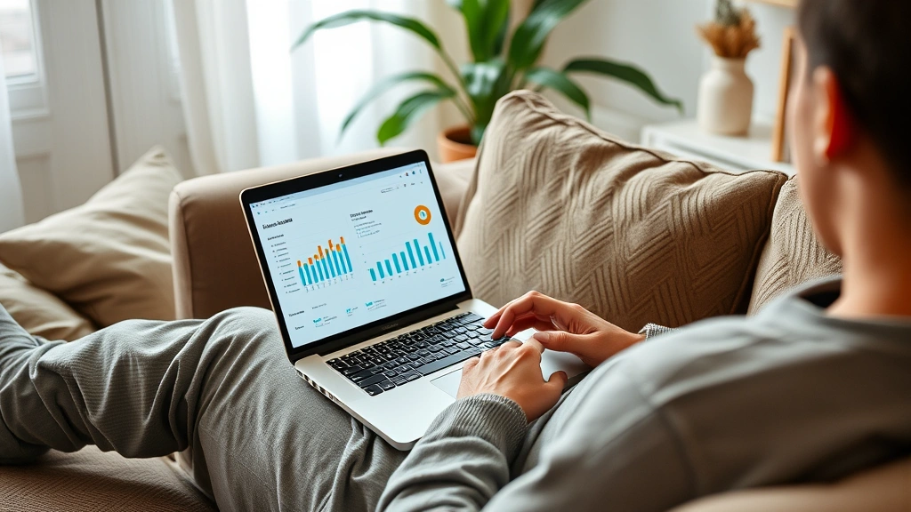 Person sitting comfortably on couch reviewing health tracking charts and medication list on laptop screen, peaceful home environment, wellness-focused composition