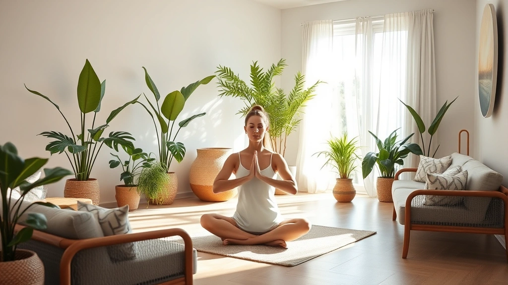 Serene wellness retreat setting with natural light, comfortable seating, indoor plants, and peaceful ambiance; person meditating or doing gentle yoga in soft neutral tones