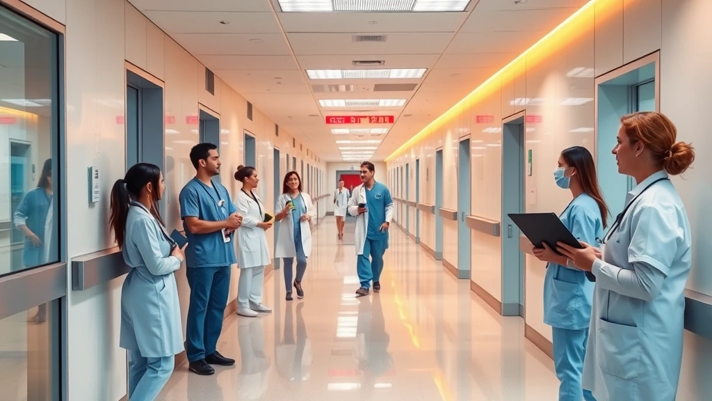 Modern hospital corridor with warm lighting, welcoming design, diverse healthcare professionals collaborating, clean contemporary architecture reflecting care and professionalism