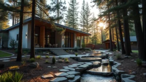 Serene California wellness facility with modern architecture nestled among pine trees, peaceful meditation garden with stone pathways and flowing water features, morning sunlight filtering through forest canopy