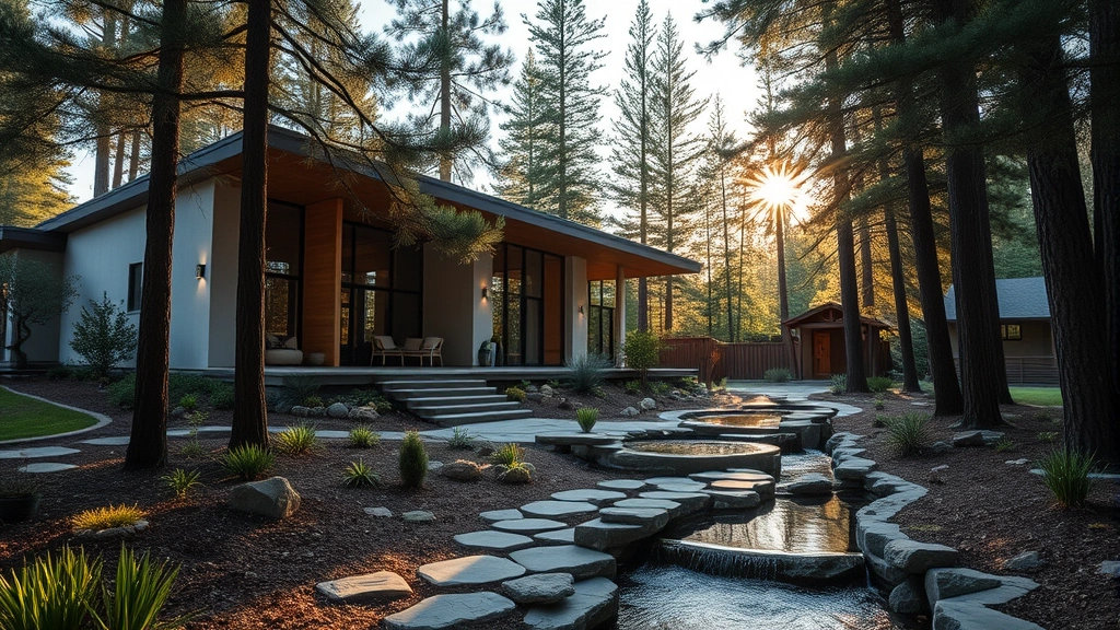 Serene California wellness facility with modern architecture nestled among pine trees, peaceful meditation garden with stone pathways and flowing water features, morning sunlight filtering through forest canopy