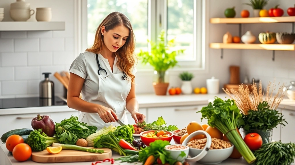Professional nutritionist preparing colorful plant-based meal in bright, modern kitchen with fresh organic vegetables, herbs, and whole grains on counter, natural window light streaming in