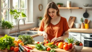 Woman in bright kitchen preparing colorful salad with fresh vegetables, natural sunlight streaming through windows, wooden cutting board, vibrant produce, healthy lifestyle moment
