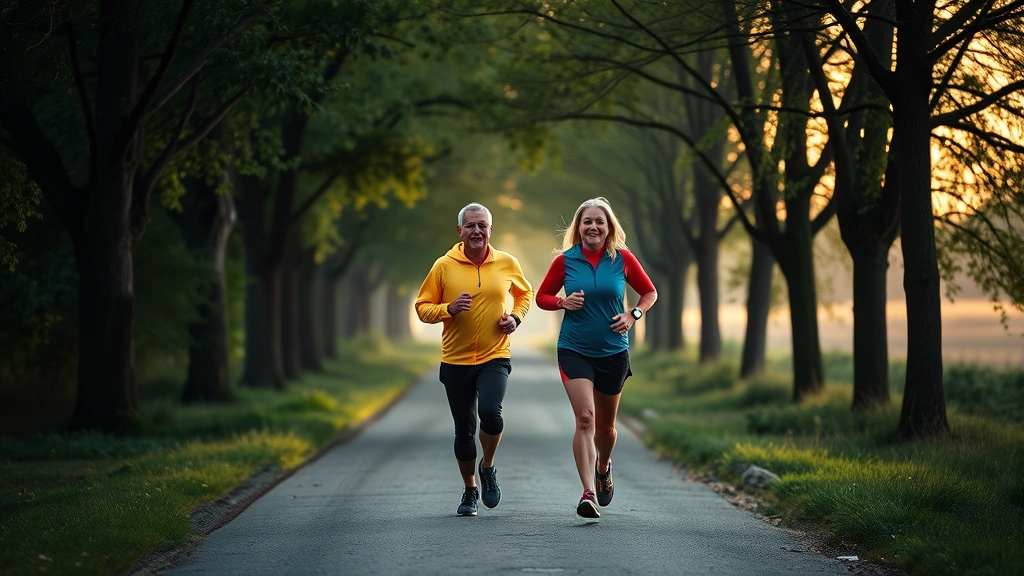 Middle-aged couple jogging together on scenic tree-lined trail at sunrise, athletic wear, peaceful natural environment, morning mist, health and vitality