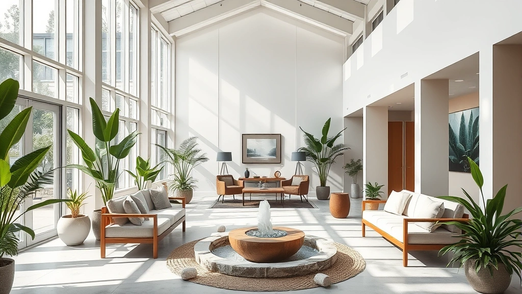 Serene wellness center interior with abundant natural light, comfortable seating areas, decorative plants, calming water features, and peaceful architectural elements creating a healing sanctuary atmosphere