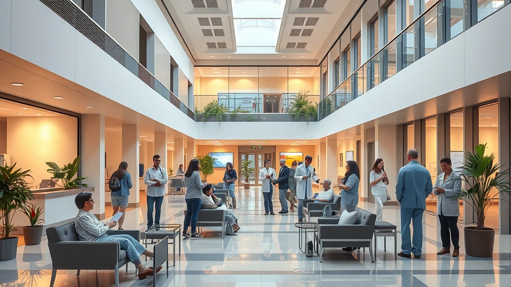Modern hospital lobby with diverse patients and staff, warm lighting, welcoming architectural design, comfortable seating areas, peaceful atmosphere, natural elements like plants
