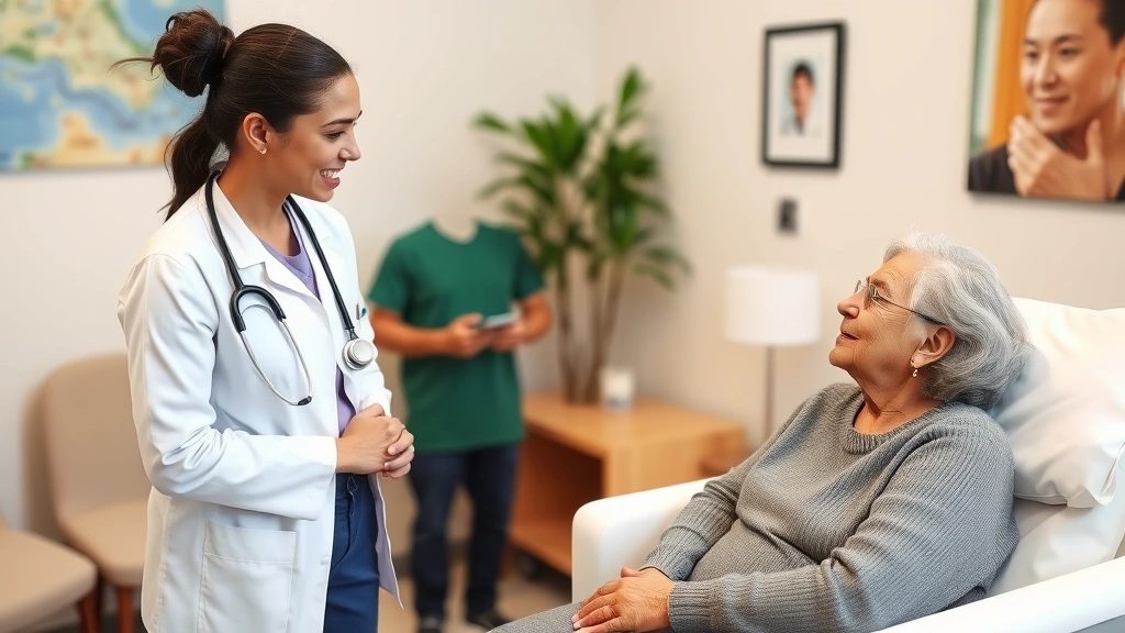 Healthcare provider speaking with patient in clinical setting, compassionate eye contact, clear communication, respectful body language, diverse representation, comfortable patient room environment