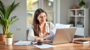 Young professional woman reviewing health insurance documents at modern home office desk with laptop and coffee, natural daylight, warm inviting atmosphere