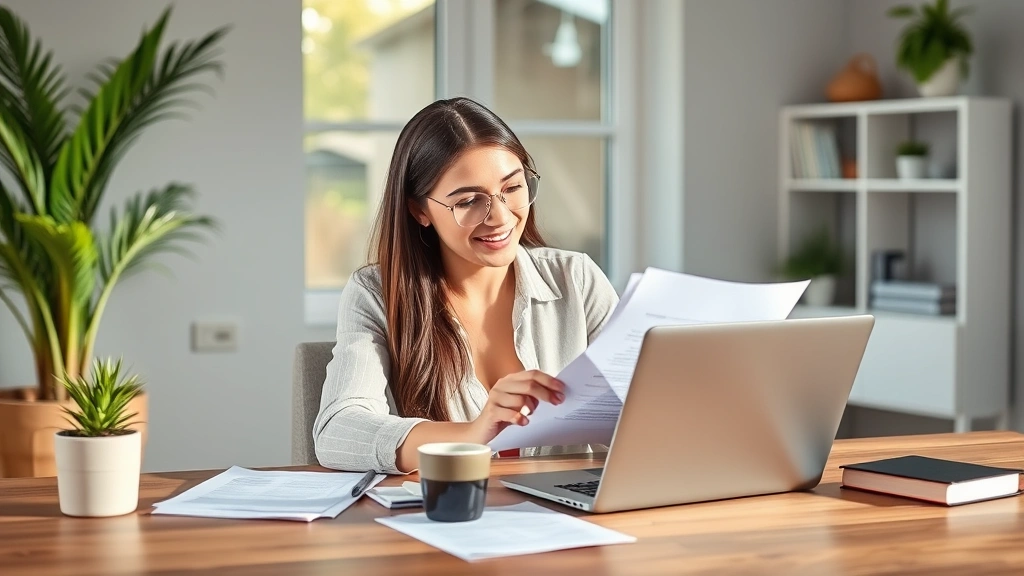 Young professional woman reviewing health insurance documents at modern home office desk with laptop and coffee, natural daylight, warm inviting atmosphere
