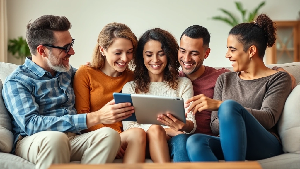 Diverse family of four sitting together on comfortable couch discussing healthcare plans with tablet device, smiling, bright living room setting, inclusive lifestyle moment