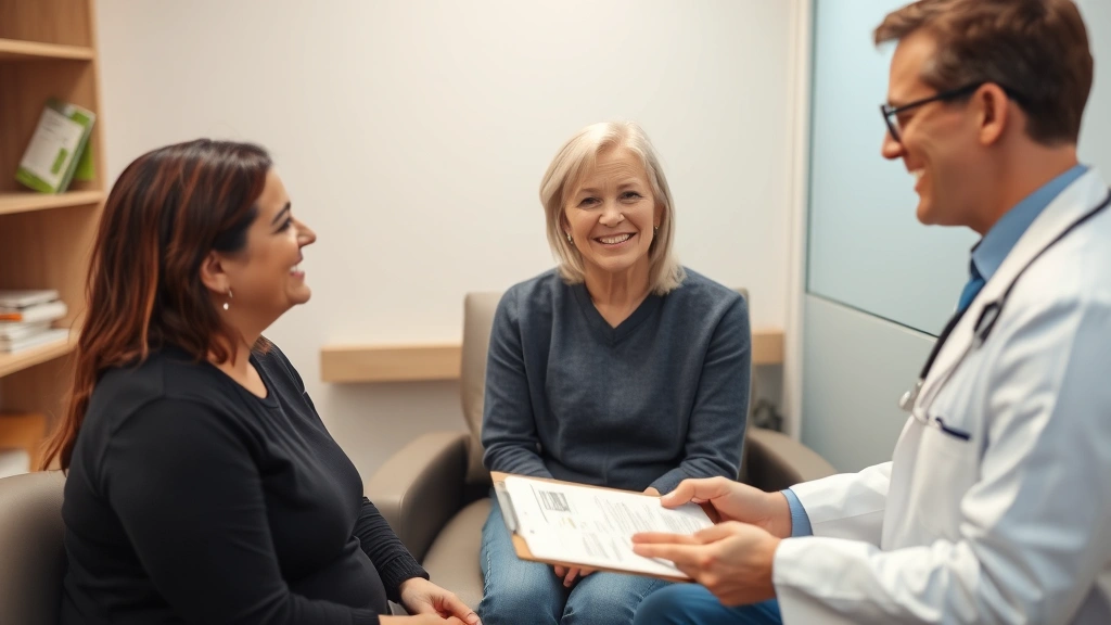 Healthcare provider and patient in consultation room having friendly discussion, doctor showing information on clipboard, trust and care evident, professional medical environment