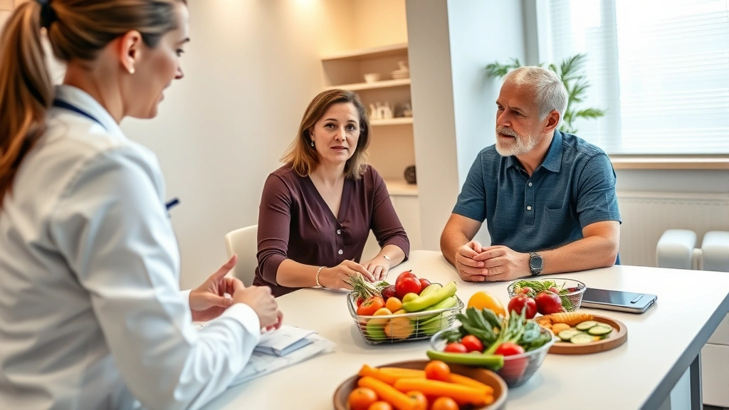 Registered dietitian discussing nutrition with middle-aged couple at wellness consultation table, colorful healthy foods visible, modern clinic setting, warm professional atmosphere