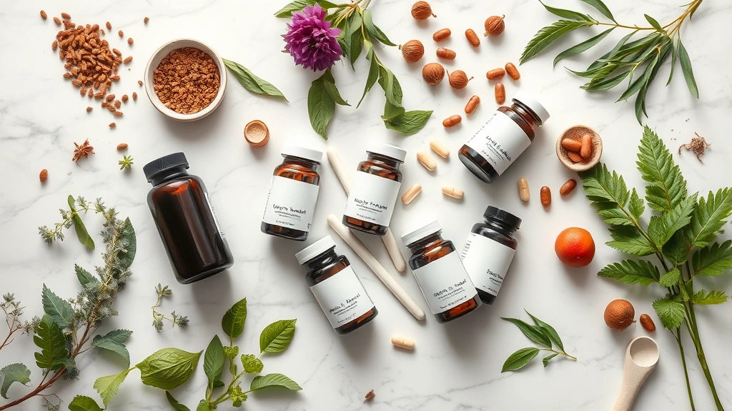 Overhead flat lay of premium supplement bottles and capsules arranged on marble surface with fresh herbs, botanical ingredients, and wellness items in natural lighting