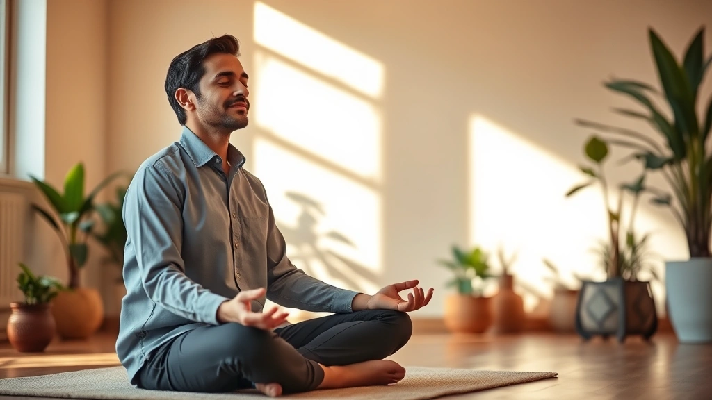 Employee sitting peacefully during meditation session in dedicated wellness room, soft warm lighting, mindfulness space with plants and comfortable seating, serene calm expression