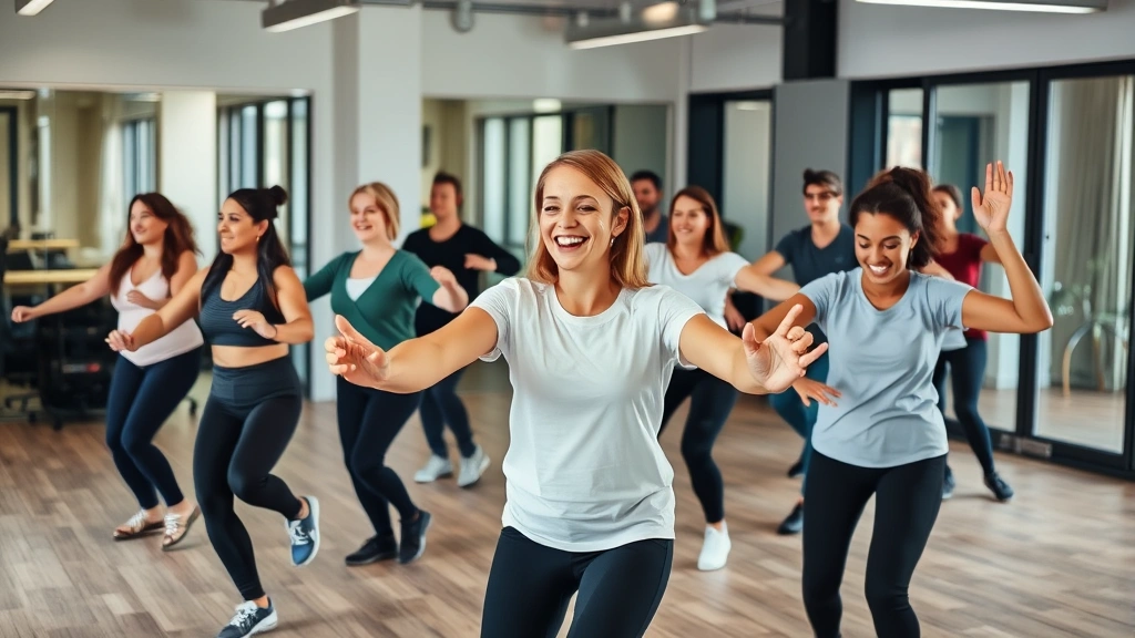 Mixed group of employees participating in fitness class in office gym, energetic movement, diverse ages and abilities represented, supportive community atmosphere, healthy engaged participants