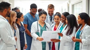 Professional healthcare team in modern hospital setting collaborating around patient chart, diverse medical professionals wearing scrubs and white coats, bright clinical environment with natural lighting, warm and inclusive atmosphere