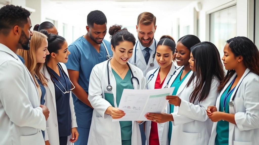 Professional healthcare team in modern hospital setting collaborating around patient chart, diverse medical professionals wearing scrubs and white coats, bright clinical environment with natural lighting, warm and inclusive atmosphere