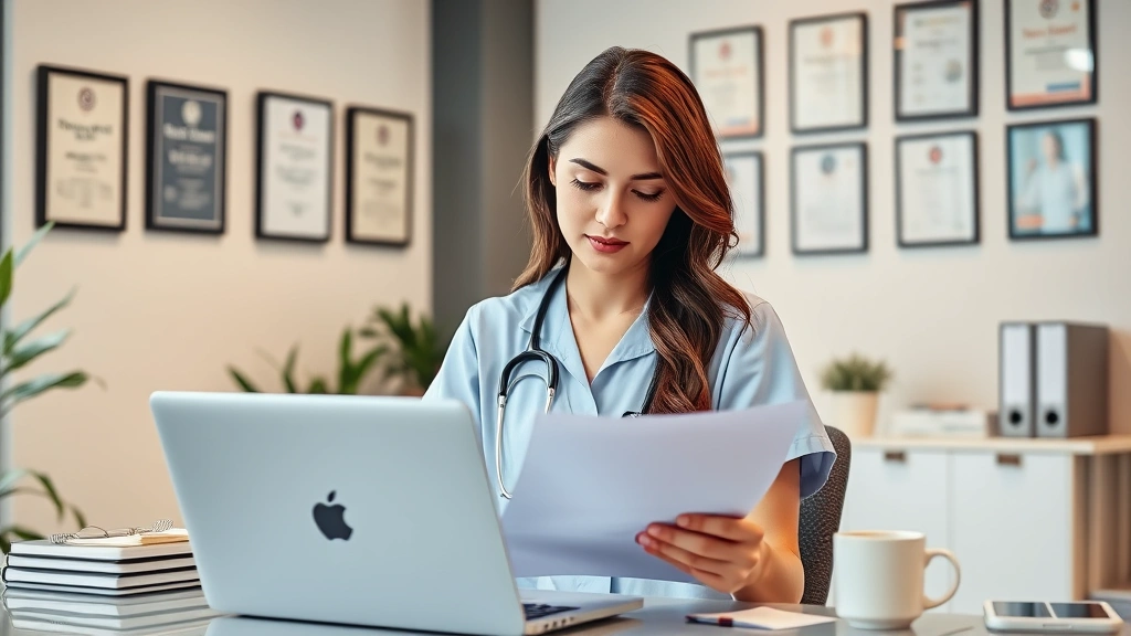Young professional nurse reviewing resume at desk with laptop, confident expression, modern office space with healthcare certification diplomas on wall, natural window light, organized workspace with coffee cup