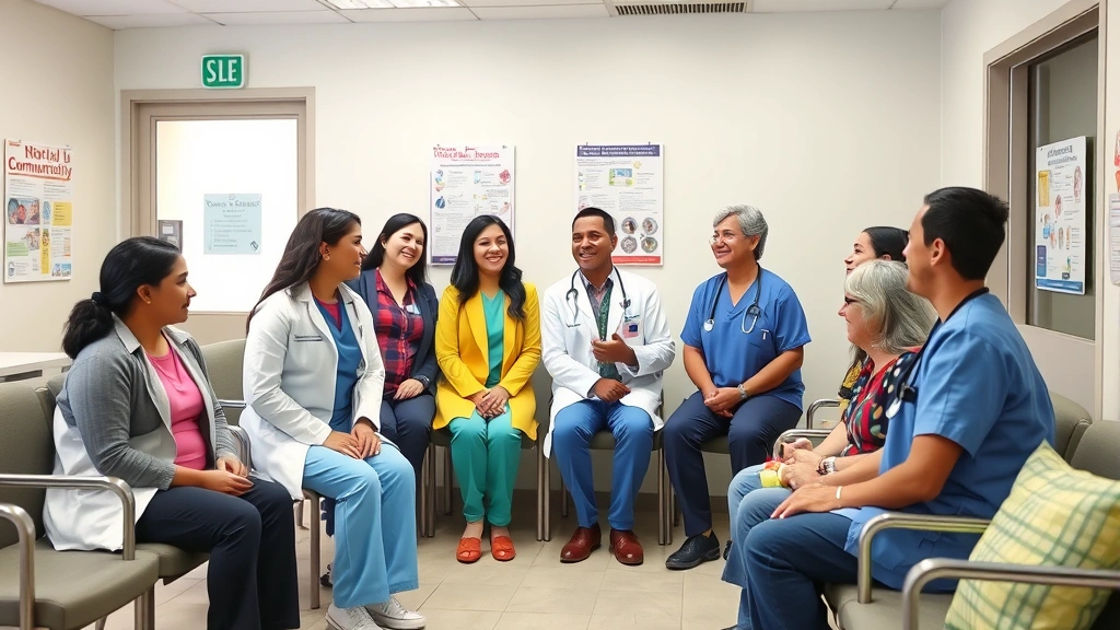 Diverse group of healthcare workers in community clinic waiting area, including nurses, doctors, and administrative staff interacting warmly with patients, welcoming environment with health education posters, real candid interaction