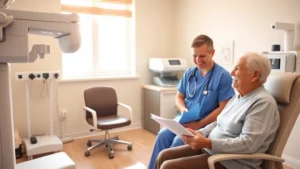 Warm, sunlit medical examination room with comfortable seating, modern diagnostic equipment, and a friendly healthcare provider reviewing notes with a smiling senior resident in casual clothing, natural window light, welcoming atmosphere