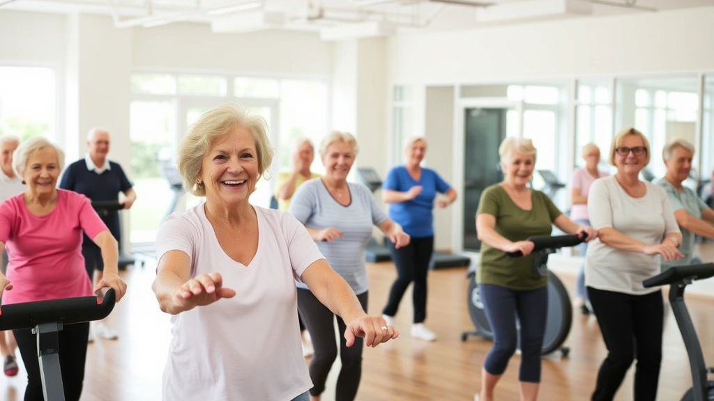Active senior residents participating in group fitness class in bright, spacious wellness center with exercise equipment visible, diverse ages and abilities, instructor demonstrating movement, genuine smiles and engagement, natural energy and vitality