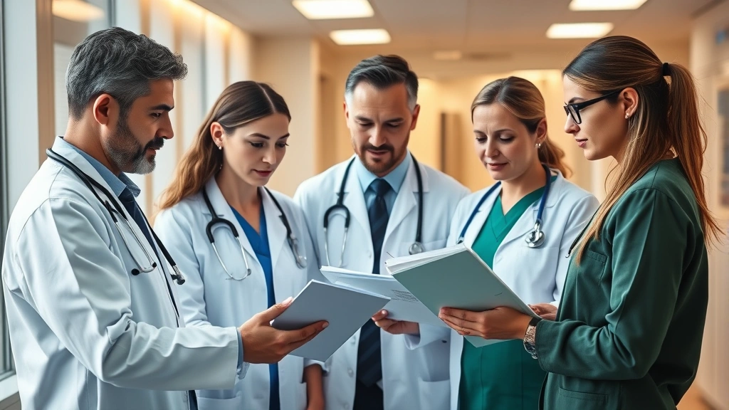 Interdisciplinary healthcare team in modern clinical setting collaborating over digital health records, mix of physicians, nurses, therapists in professional attire, warm lighting, focused attention on patient care information