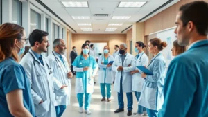Modern medical facility with diverse healthcare professionals collaborating in bright, welcoming clinical environment with natural lighting and contemporary design elements