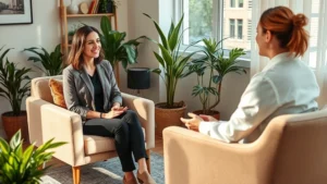 Professional therapist conducting individual counseling session in warm, sunlit office with comfortable seating, plants, and calming decor, patient seated across in relaxed posture, genuine therapeutic connection visible