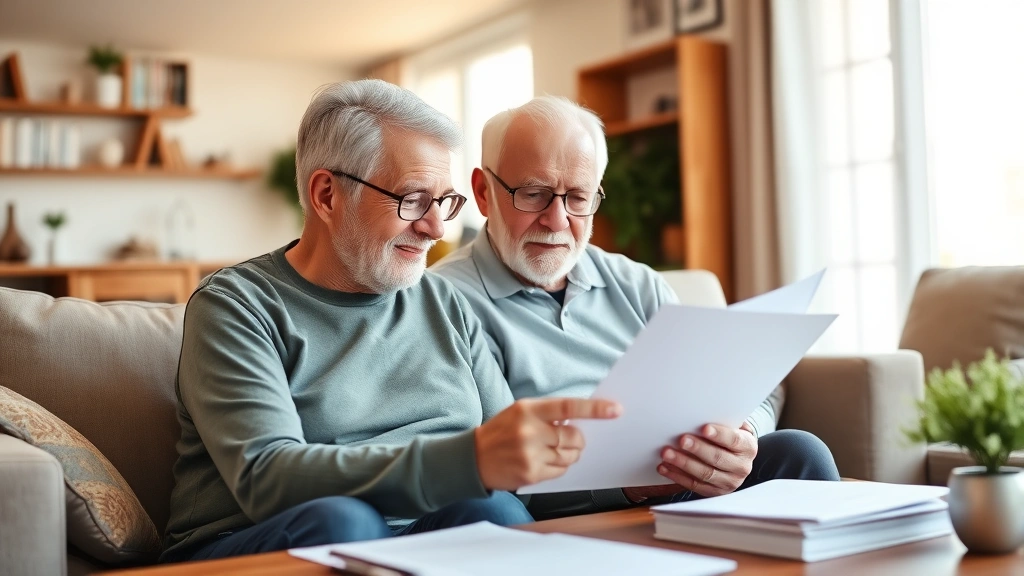 Senior couple in modern living room reviewing health insurance documents together on tablet, warm natural lighting, comfortable couch, organized paperwork on coffee table, peaceful retirement setting