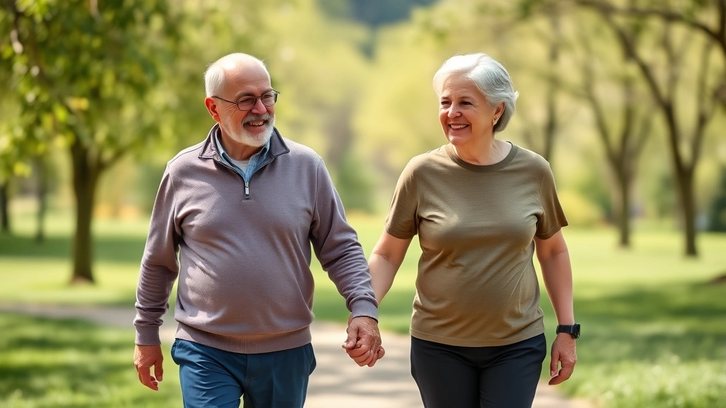 Active retiree couple walking through park on sunny day, holding hands, wearing casual athletic wear, trees and green landscape background, healthy aging lifestyle, genuine smiles