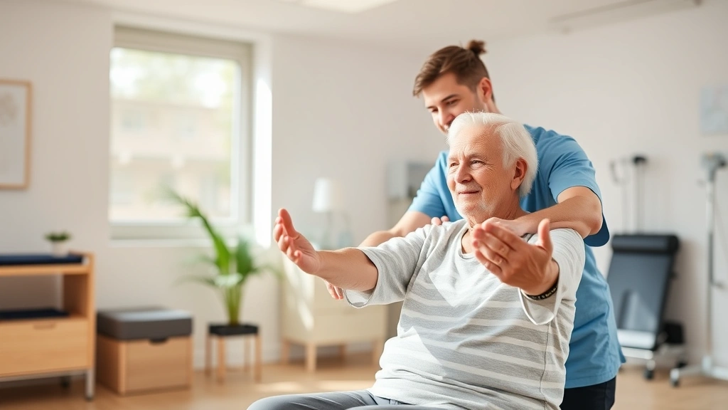 Physical therapist guiding elderly patient through therapeutic exercises in bright rehabilitation clinic, hands-on support, warm professional environment, natural daylight