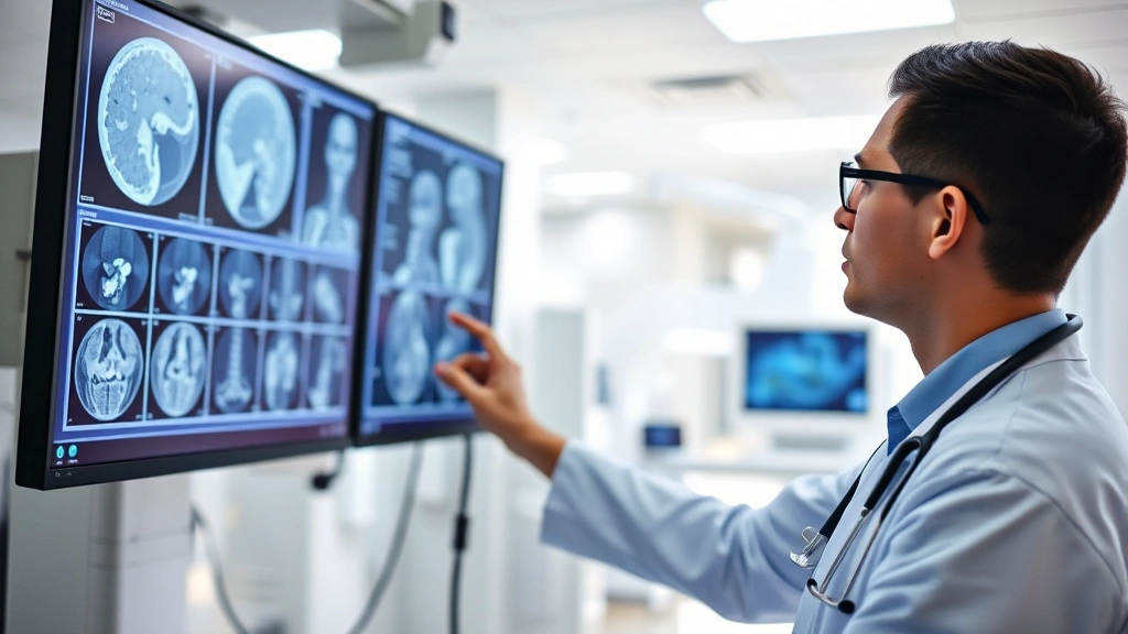 Medical technologist reviewing diagnostic imaging screens showing detailed scans in modern hospital facility, focused concentration, advanced technology displays, professional healthcare setting