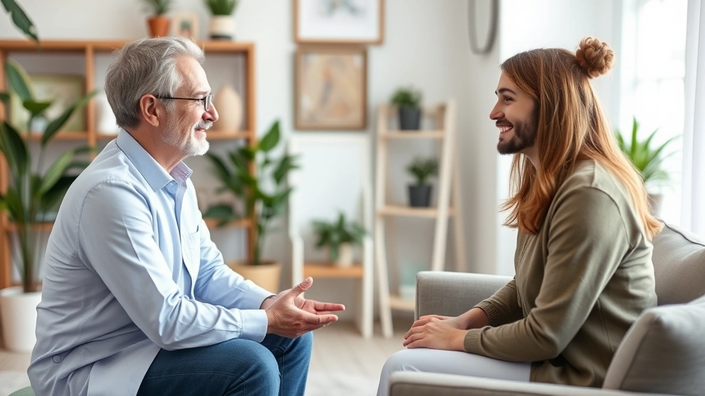 Mental health counselor in compassionate conversation with client in comfortable therapy office, supportive body language, calming interior design, professional wellness environment